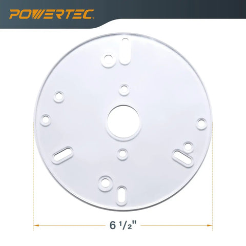Six Point Five Inch Universal Router Base Plate With Centering Pin Cone And Pre Drilled Mounting Holes top view of clear acrylic plate
