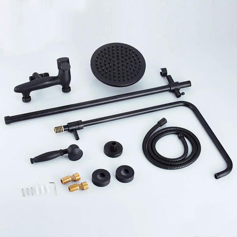 UMJIGF Shower System with Hot and Cold Water Black Shower Faucet Set parts including round shower head and handheld shower.