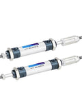 Compact Adjustable Stroke Mini Pneumatic Cylinder With Built In Magnet For Tight Spaces And No Sweat Setup Featuring Hella Reliable Position Tracking And Top Tier Industrial Performance. Two cylinders with metal ends and pneumatic ports.