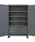 Extra Heavy Duty Welded Steel Storage Cabinet With Adjustable Lockable Shelves Built Damn Tough For Garage Workshop Setup One Thousand Three Hundred Pound Load Capacity Twenty Four By Seventy Two By Seventy Eight Inches with open doors and shelves.