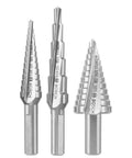 Turbo Step Drill Bit Set For Cordless Drills, 3 Piece High Speed Steel Bits With 2x Cutting Edges displayed vertically