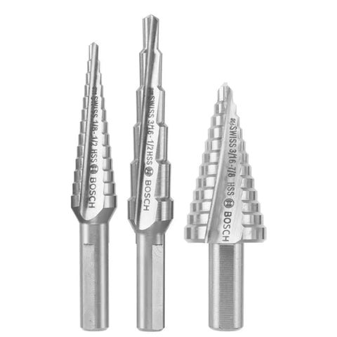 Turbo Step Drill Bit Set For Cordless Drills, 3 Piece High Speed Steel Bits With 2x Cutting Edges displayed vertically