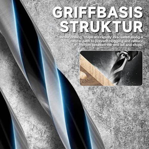 Front view of two 12-inch metal auger drill bits with blue finish and GRIFFBASIS STRUKTUR branding.