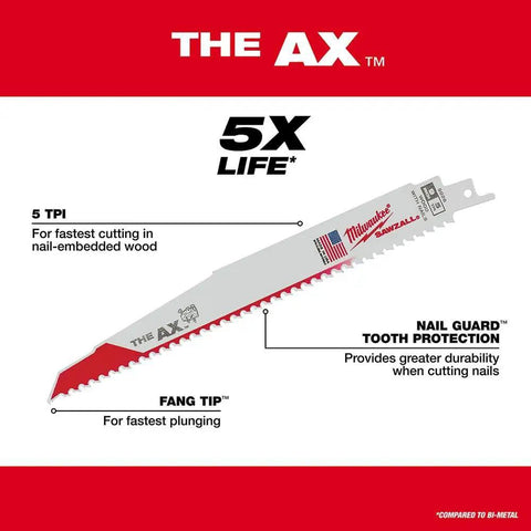 Heavy Duty Reciprocating Saw Blade Set, 12 Piece, Thick.042 and.062 Inch Blades, 1 Inch Height, labeled 5X life and fang tip