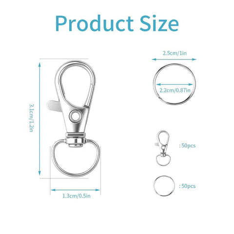 Image showing dimensions of 100 Pcs Keychain Hooks With Key Rings And 360 Degree Swivel Lobster Claw Clasps For Keychains Lanyards Jewelry Making Crafts Durable Zinc Alloy Lead Free Environment Friendly Silver.