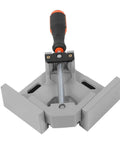 Heavy Duty Right Angle Clamp For Woodworking And Precision Welding With Badass Aluminum Build No Sweat Single Handle Design For Hella Tough 90 Degree Corners Every Time in grey with stainless steel handle.