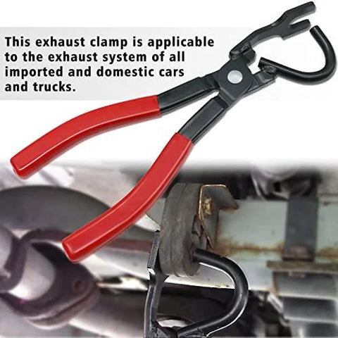 Close-up of exhaust hanger removal pliers with red handles gripping a rubber hanger on a vehicle exhaust.