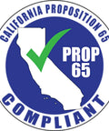California Proposition 65 compliance seal with checkmark, indicating safety standards for products.