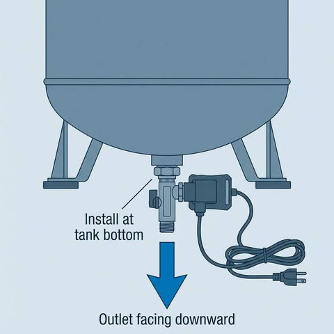 Diagram showing installation of Automatic Timed Condensate Drain Valve Programmable Electric Air Drain for compressor tanks.