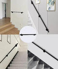 Rock Solid Black Metal Wrought Iron Stair Railing With Modern Wall Mount Handrail For Indoor And Outdoor Use Hella Tough Banister Offering Top Notch Safety And A Slick Finish For Your Home Or Yard DIY Setup angled view showcasing stair railing installation in various indoor settings.