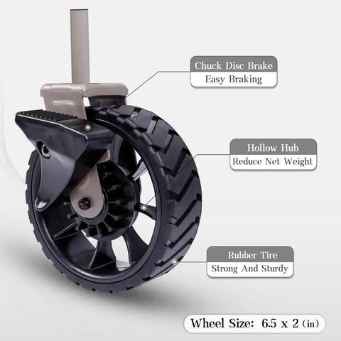 Close-up of wheel for Heavy Duty Folding Utility Wagon With Table And Side Pocket For Beach Camping Garden And Shopping, 400 Lb Capacity
