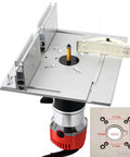 Built Tough Aluminum Router Table Insert Plate Featuring Precision Miter Gauge Guide And Smooth Sliding Fence For Rock Solid Woodworking Flip Bench Operations Silver with router attached.