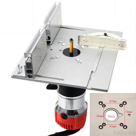 Built Tough Aluminum Router Table Insert Plate Featuring Precision Miter Gauge Guide And Smooth Sliding Fence For Rock Solid Woodworking Flip Bench Operations Silver with router attached.