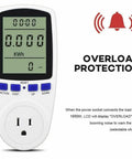 Plug In Watt Meter Power Monitor with backlit display showing overload protection alert for home and office use.