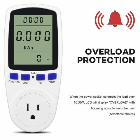 Plug In Watt Meter Power Monitor with backlit display showing overload protection alert for home and office use.