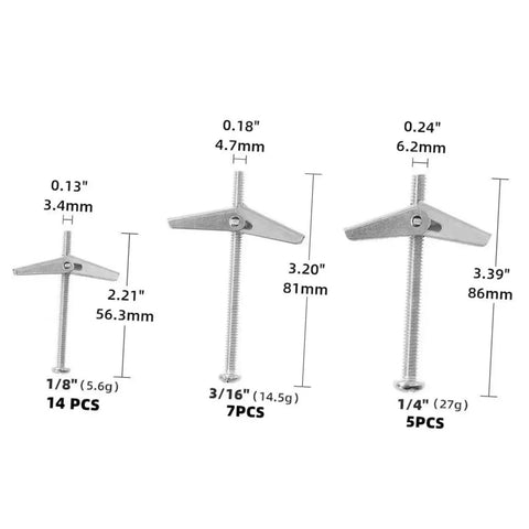 Heavy Duty Toggle Bolts And Wing Nut Kit Wall Anchors sizes 1/8 in, 3/16 in, 1/4 in for drywall and aircraft maintenance