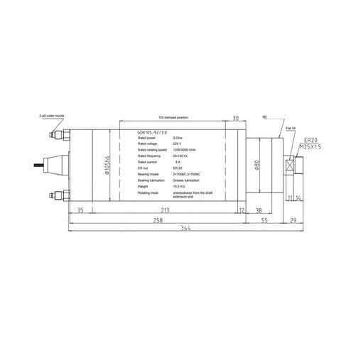 Technical diagram of Beefy 3KW Water Cooled Spindle Motor With Constant Torque 220V 9.6A ER20 Chuck 1200-9000 RPM dimensions