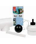 Downpipe First Flush Water Diverter Kit For Rainwater Harvesting White 4 Inch Round Inlet with diverter parts displayed