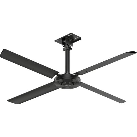 Top Tier Eight Foot Industrial Hvls Ceiling Fan Featuring Matte Black Trim And Beefed Up Direct Drive Core, installed in garage.