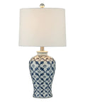 Blue Ceramic Table Lamp With White Fabric Shade Chinoiserie Urn Style Hand Painted Detail Brings Cozy Coastal Vibe To Bedroom Living Room Office Or Study Adds Classic Color And Elegant Ambience