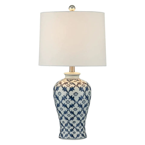 Blue Ceramic Table Lamp With White Fabric Shade Chinoiserie Urn Style Hand Painted Detail Brings Cozy Coastal Vibe To Bedroom Living Room Office Or Study Adds Classic Color And Elegant Ambience