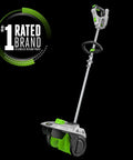 Cordless 12-Inch Electric Snow Shovel With 60-Degree Direction Dial Brushless Motor For Long Run Time Hinged Shaft displayed on black background