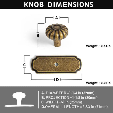 Set Of 6 Flower Inspired Antique Brass Cabinet Knobs With Backplates For Kitchen And Dresser Drawers 1 1/4 Inch Diameter Handles