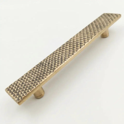 Solid Brass Door Handle With Hand Hammered Finish Rectangular Cabinet Pull Golden Antique Hardware For Doors And Cabinets Durable Solid Metal Construction In 40 Inch Length, showing side angle.