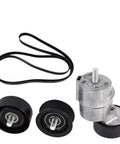 Heavy Duty V Ribbed Belt Tensioner And Idler Pulley Kit For 2.0L Or 2.4L Four Cylinder Engines On 2006 Through 2015 Models, Keeps Your Drive Train Running Smooth Without Any Messy Greasing Required. belt, tensioner, and idler pulleys on white background