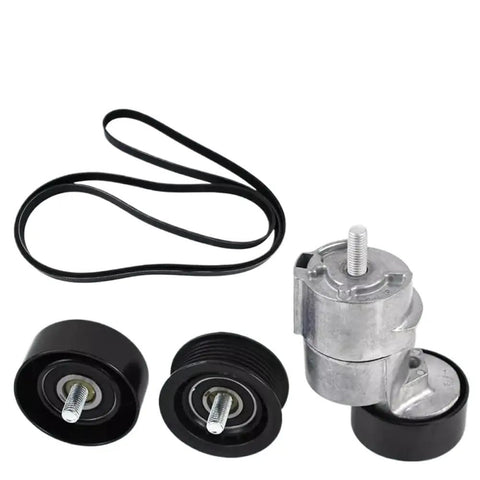 Heavy Duty V Ribbed Belt Tensioner And Idler Pulley Kit For 2.0L Or 2.4L Four Cylinder Engines On 2006 Through 2015 Models, Keeps Your Drive Train Running Smooth Without Any Messy Greasing Required. belt, tensioner, and idler pulleys on white background