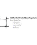 Sample of #60 twisted knotted black polyethylene net, best for backyards, youth leagues, high schools, and colleges.