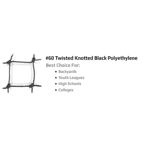 Sample of #60 twisted knotted black polyethylene net, best for backyards, youth leagues, high schools, and colleges.