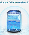 Portable Countertop Ice Maker Electric Machine showing self-cleaning function with clear water flow and cylindrical ice cubes.