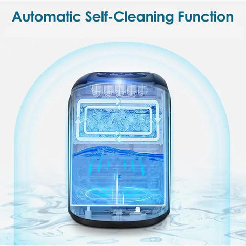 Portable Countertop Ice Maker Electric Machine showing self-cleaning function with clear water flow and cylindrical ice cubes.