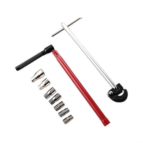 Heavy Duty Carbon Steel Faucet Wrench Set With Knuckle Savers Handles For No Sweat Sink Pulling And Stubborn Fixture Jobs Built Tough, showing wrenches and sockets.