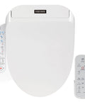 Heavy Duty Smart Bidet Toilet Seat With Dual Control Side Panel And Wireless Remote Heated Wash Self Cleaning Adjustable Temp showing user controls.
