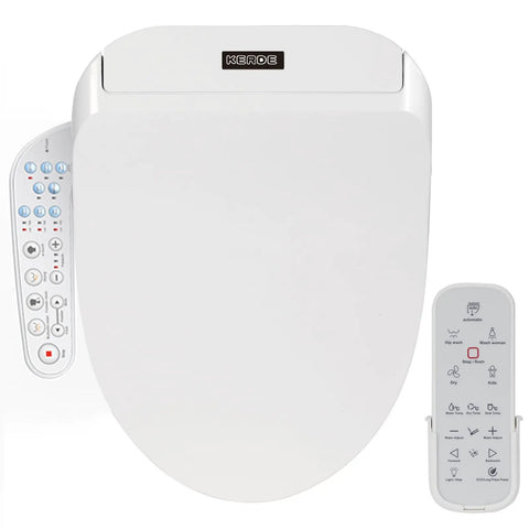 Heavy Duty Smart Bidet Toilet Seat With Dual Control Side Panel And Wireless Remote Heated Wash Self Cleaning Adjustable Temp showing user controls.