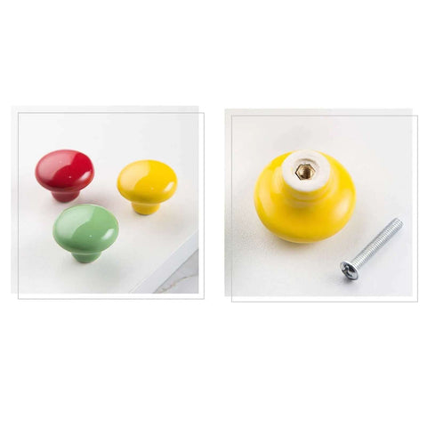 Hella Stylish Yellow Ceramic Knobs And Round Drawer Pulls For Kitchen Cabinets And Dressers featuring green and red knobs.