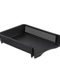 Black stackable letter tray desk organizer, ABS plastic, space-saving vertical and horizontal file tray set, easy assembly.
