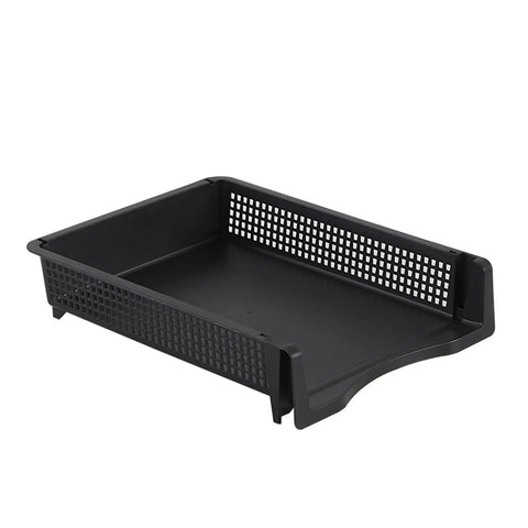 Black stackable letter tray desk organizer, ABS plastic, space-saving vertical and horizontal file tray set, easy assembly.