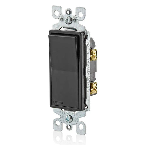 Decora Rocker Single-Pole AC Quiet Switch 15 Amp 120/277 Volt Residential Grade Grounding Black Dust Shield Frame Fits Wall Plate