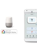 Smartphone displaying Lakepro-1 Smart Home Thermostat With Wi-Fi And Alexa Compatibility app next to Alexa and Google Home devices.