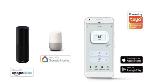Smartphone displaying Lakepro-1 Smart Home Thermostat With Wi-Fi And Alexa Compatibility app next to Alexa and Google Home devices.