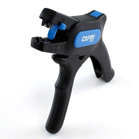 Automatic Wire Stripper And Cutter With Narrow Profile For Tight Spaces, Self Adjusting Blades For 24-10 AWG, shown in blue and black