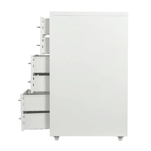 Heavy Duty Six Drawer Metal File Cabinet With Smooth Ball Bearings Slick White Rolling Filing Cabinet For Home Office vertical view with drawers open.