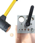 Eight Piece Disc Cutter Set For Heavy Duty Circle Cutting One Eighth To One Inch Punches in use with sheet metal and mallet
