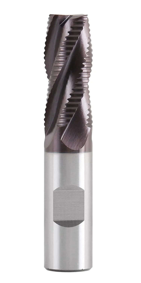 Roughing end mill with TiAlN coating, M42 8% cobalt, 3/4 in dia and shank, 1-5/8 in flute length, side view.