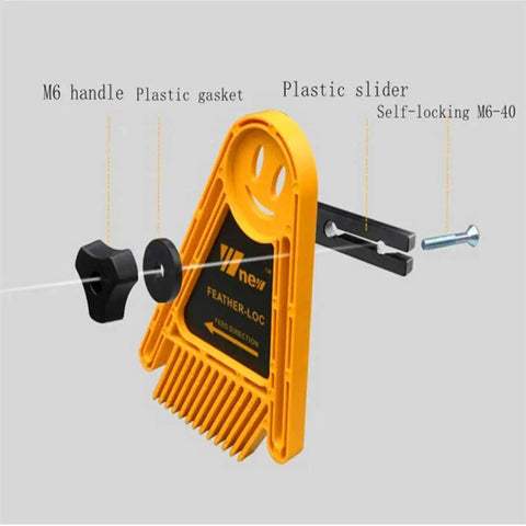 Detail of Dual Pack Featherboard Safety Push Block with plastic handle and slider, highlighting components for woodworking use.