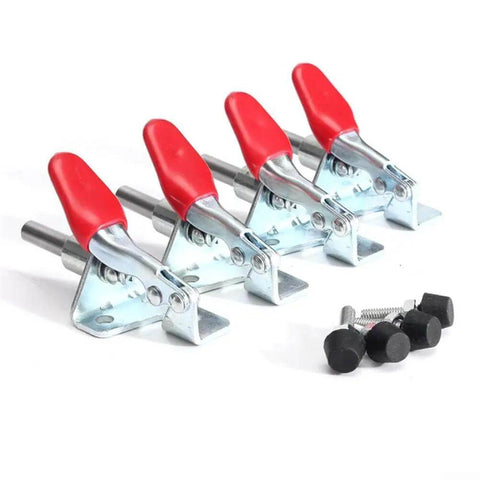 Four Pack Vertical Toggle Clamp Set With Red PVC Handle for welding and assembly, secure locking, silver, visible accessories