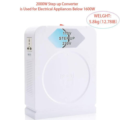 Heavy Duty 2000W Step Up Voltage Converter From 110V 120V To 220V 240V With Dual Sockets For Eurasian Home Appliances A Real Must Have For Use In United States Homes, shown in front view.